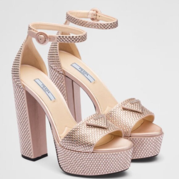 Prada Pink Embellished Platform Heels Logo Satin Crystal Sandals Open Toe - Picture 4 of 10